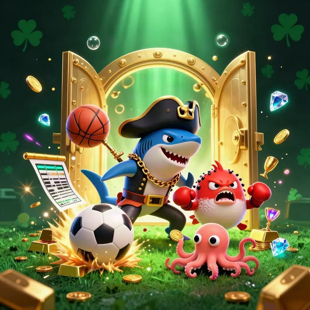 Shark pirate, boxing pufferfish, and juggling octopus amid treasure, balls, and glowing casino light.