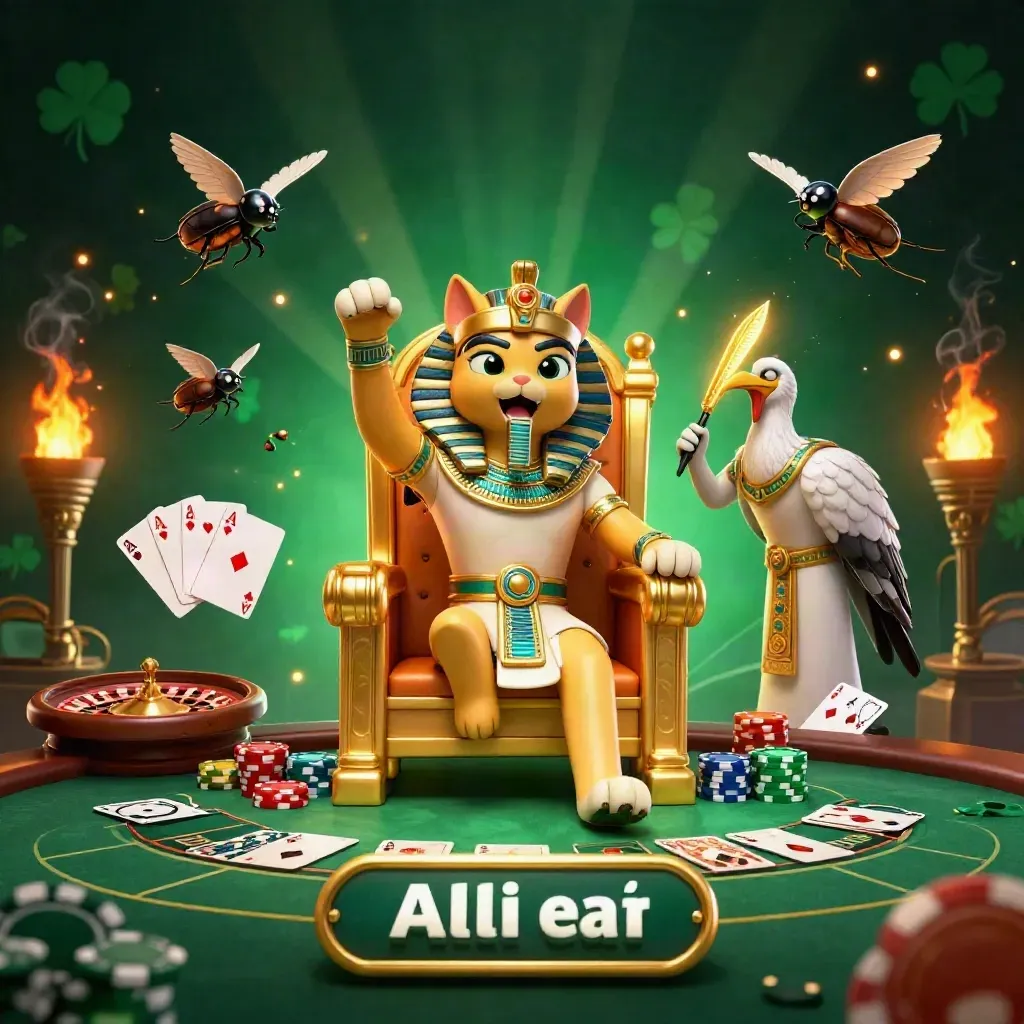 Pharaoh cat and ibis scribe amid chips, cards, roulette wheel, and glowing scarabs in luxe casino light.