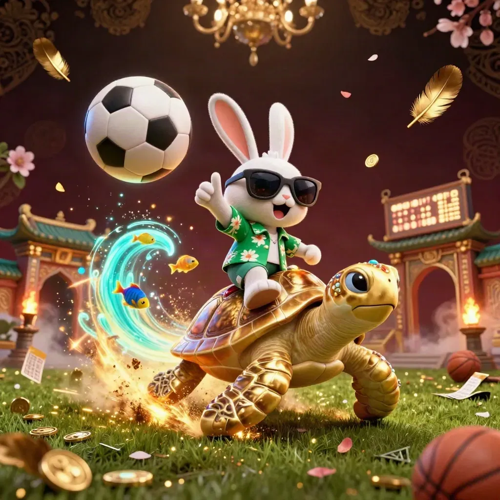 Lucky rabbit rides a gem-turtle amid coins, fish, and a flying soccer ball in luxe casino chaos