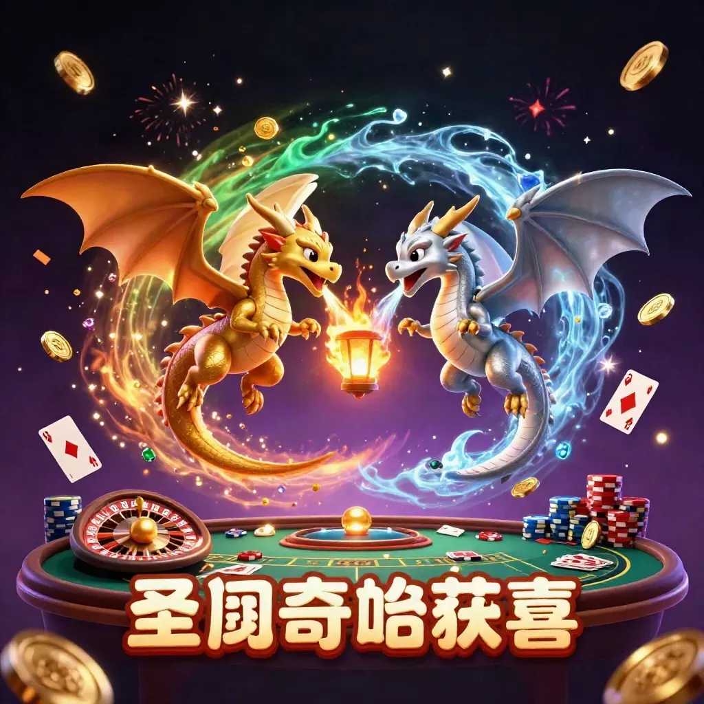 Twin gold and silver dragons spiral in a casino sky with coins, cards, roulette, and magical light.