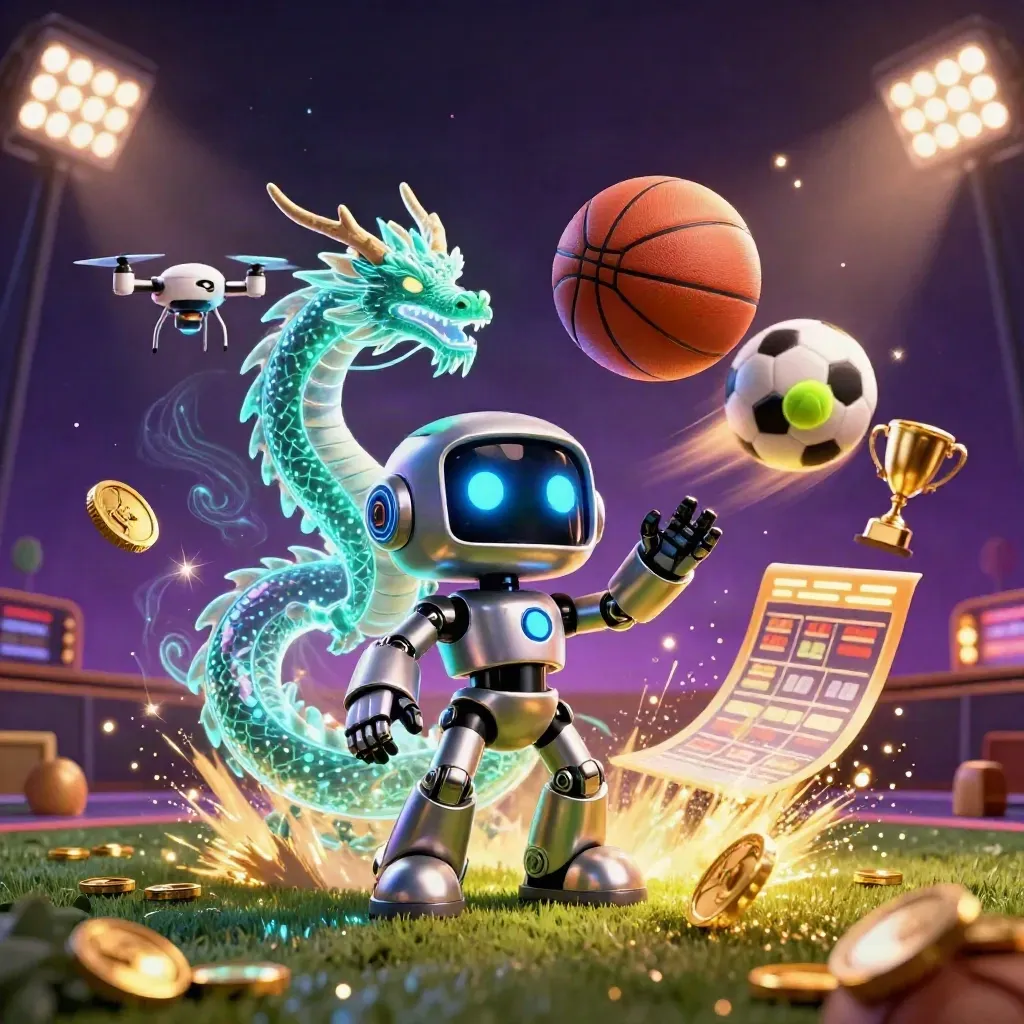 Robot mascot, holographic dragon, and coin drone explode around flying sports balls and gold casino effects.