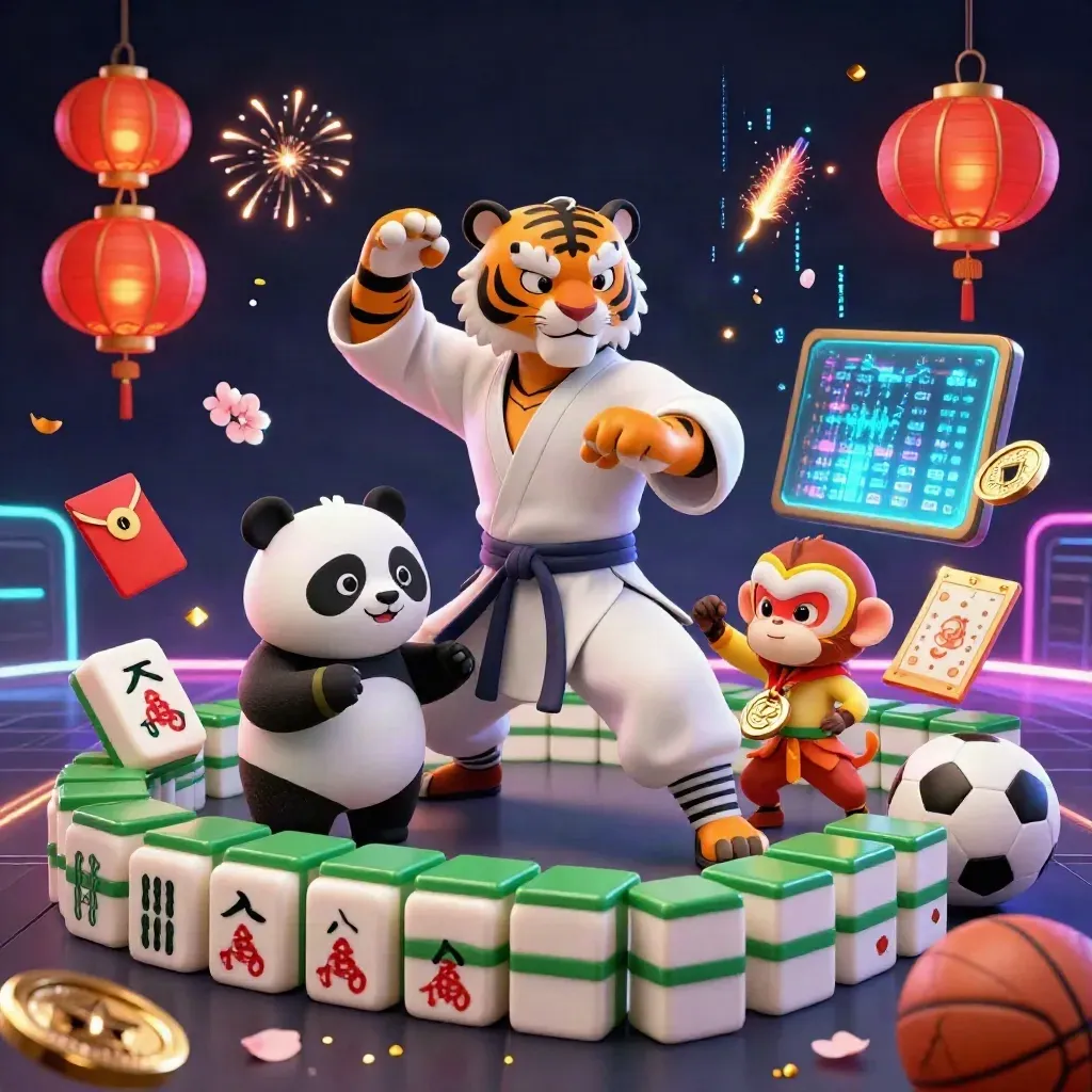 Kung-fu tiger, panda, and monkey amid casino game icons and neon lights