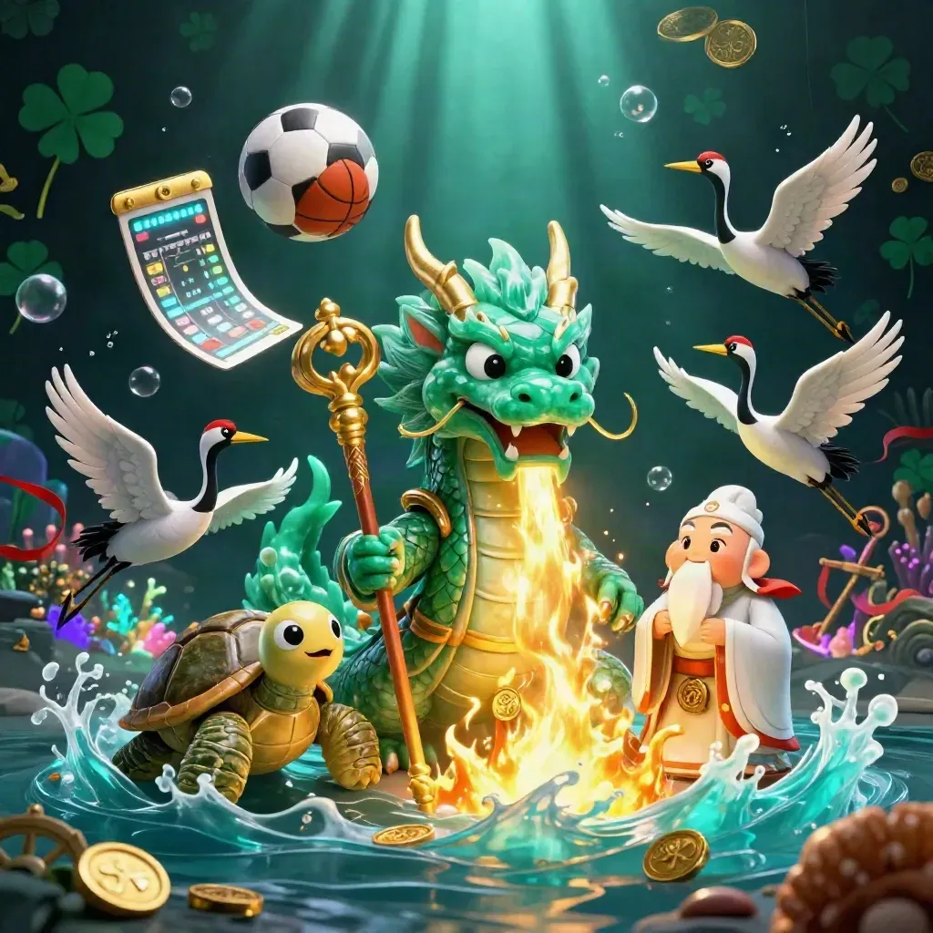 Mythic underwater casino scene with dragon, turtle sage, cranes, balls, coins, and glowing light
