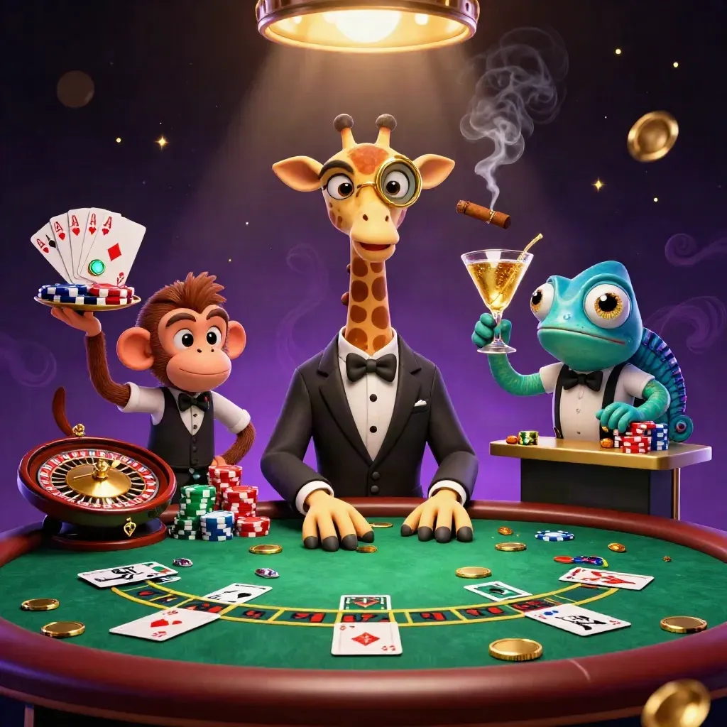 Giraffe, monkey valet, and chameleon bartender at a glowing VIP casino table.