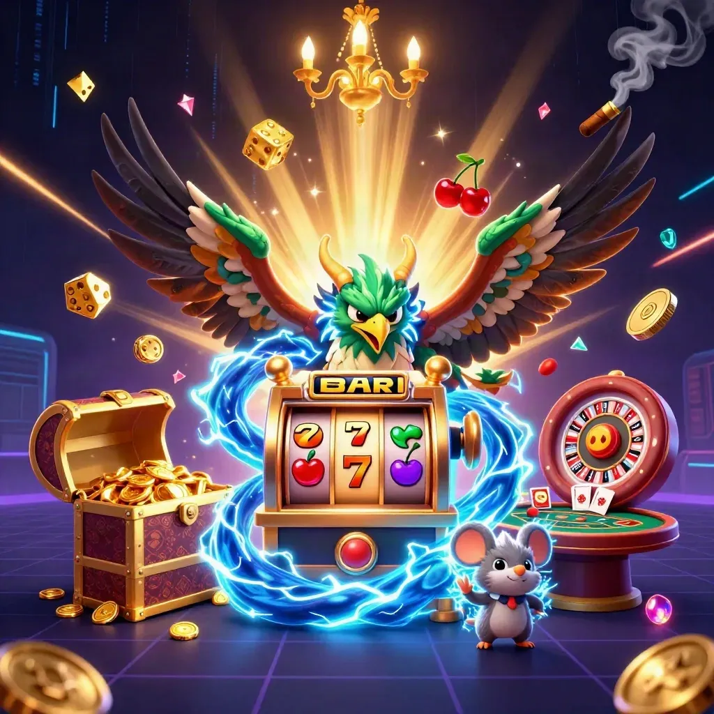 Thunder dragon, hawk, and mouse explode from a neon slot machine in a gold casino scene.
