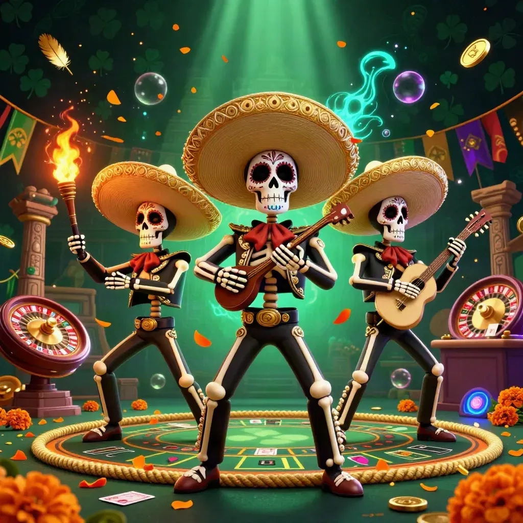 Skeleton mariachi trio in a luxe casino scene with gold coins, emerald glow, and cinematic light