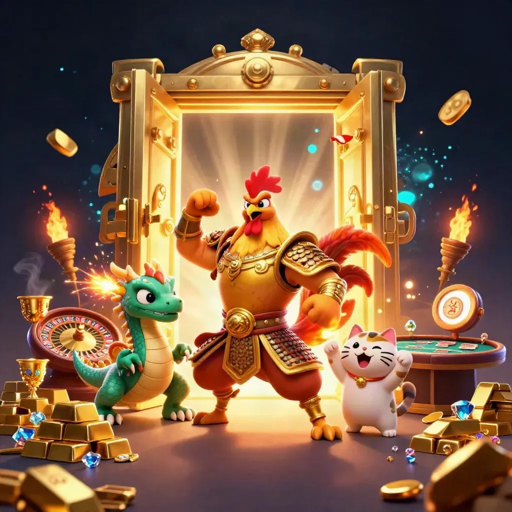 Rooster warrior, dragon hatchling, and fortune cat amid vault gold in a luxe casino glow.