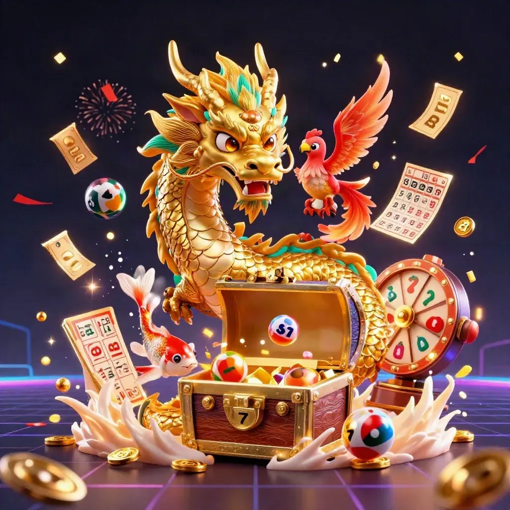 Golden dragon with phoenix, koi, treasure chest, and casino bonuses exploding in a neon dark scene.