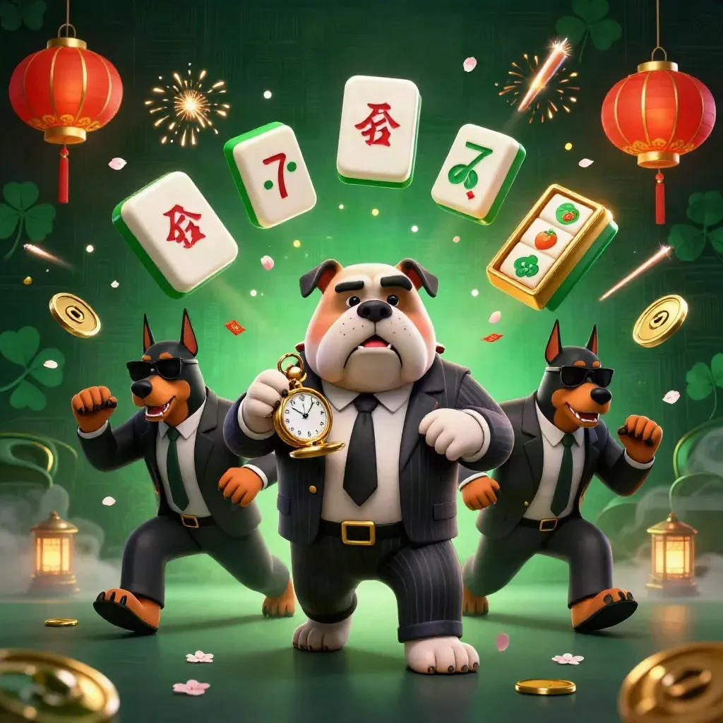 Bulldog mob boss and two Dobermans amid casino loot, lanterns, coins, petals, and glowing reels