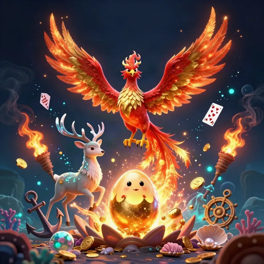 Phoenix, hatchling, and crystal-antler stag in a treasure cove with coins, coral, and luxe casino glow.