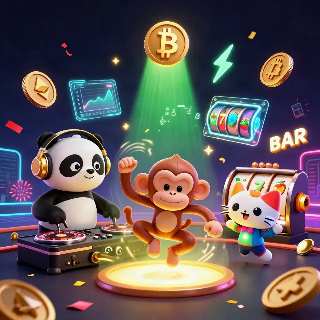 DJ panda, dancing monkey and neon kitten amid casino loot, coins, lightning and fireworks