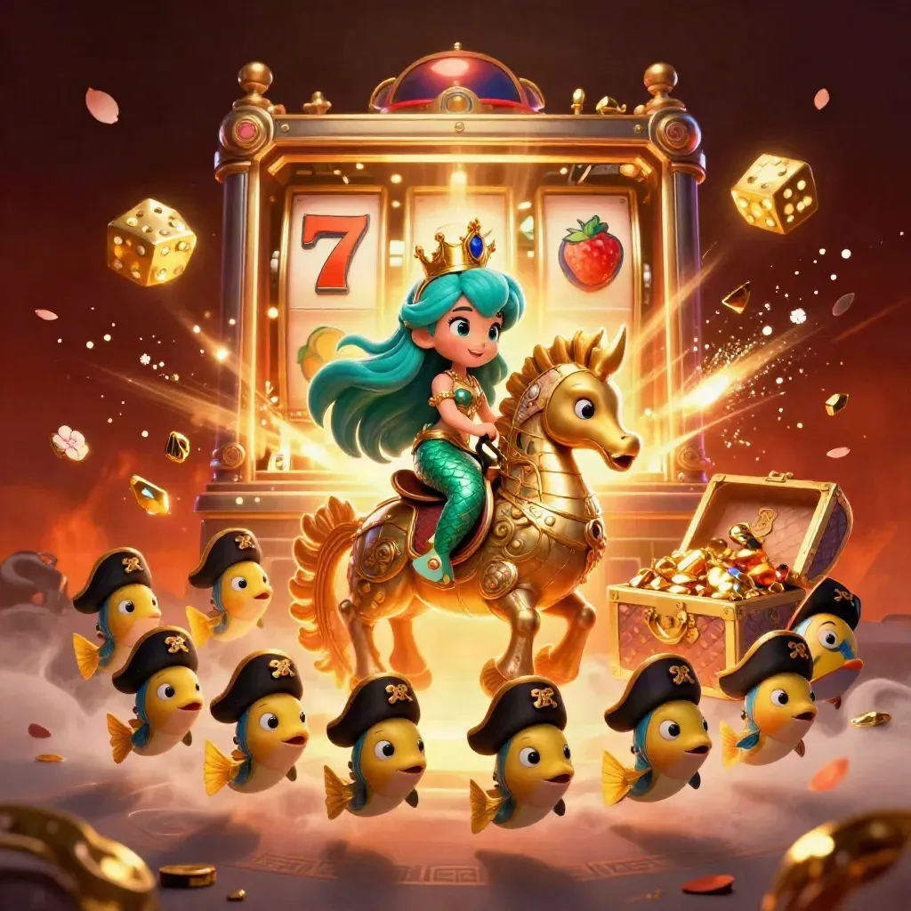 Mermaid princess rides a golden seahorse amid pirate fish, jackpot slot bursts and gold coins.