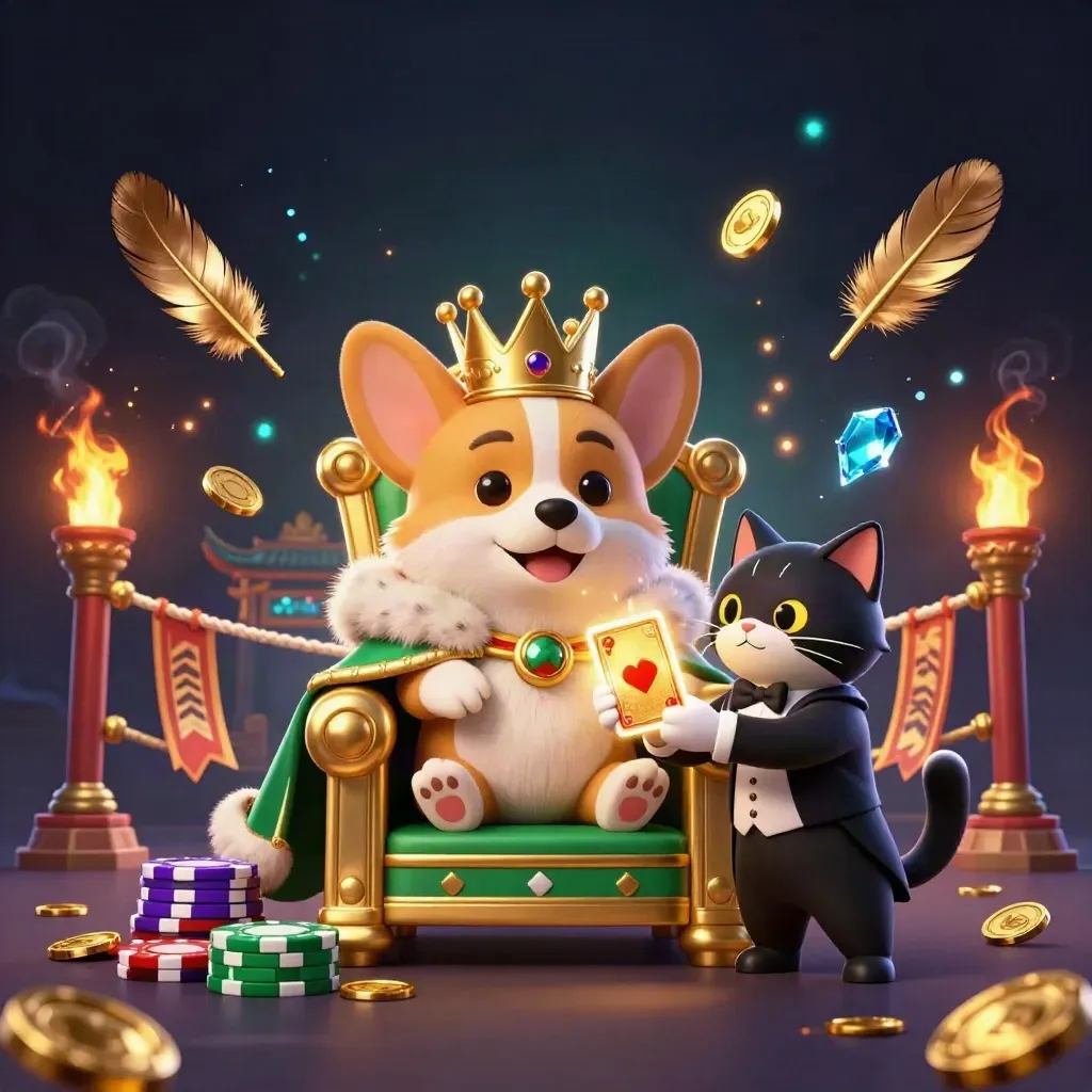 Royal corgi on chip throne with cat butler, treasure sparks, temple gate, and emerald casino glow.