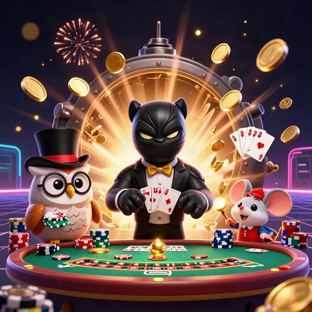 Panther, owl, and mouse amid bursting coins, cards, chips, and a glowing casino vault