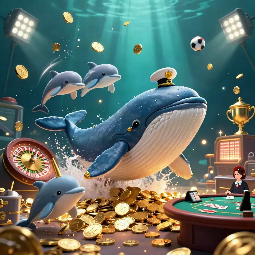 Whale captain, narwhal, and dolphins burst through coins with casino prizes and underwater light beams.