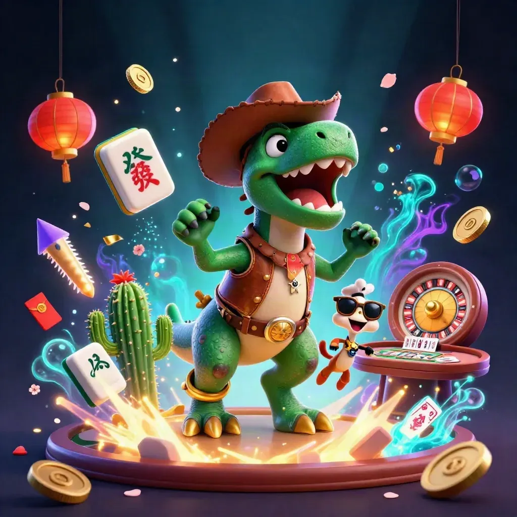 A T-Rex cowboy, cactus sidekick and roadrunner amid casino loot bursts, coins and neon effects.