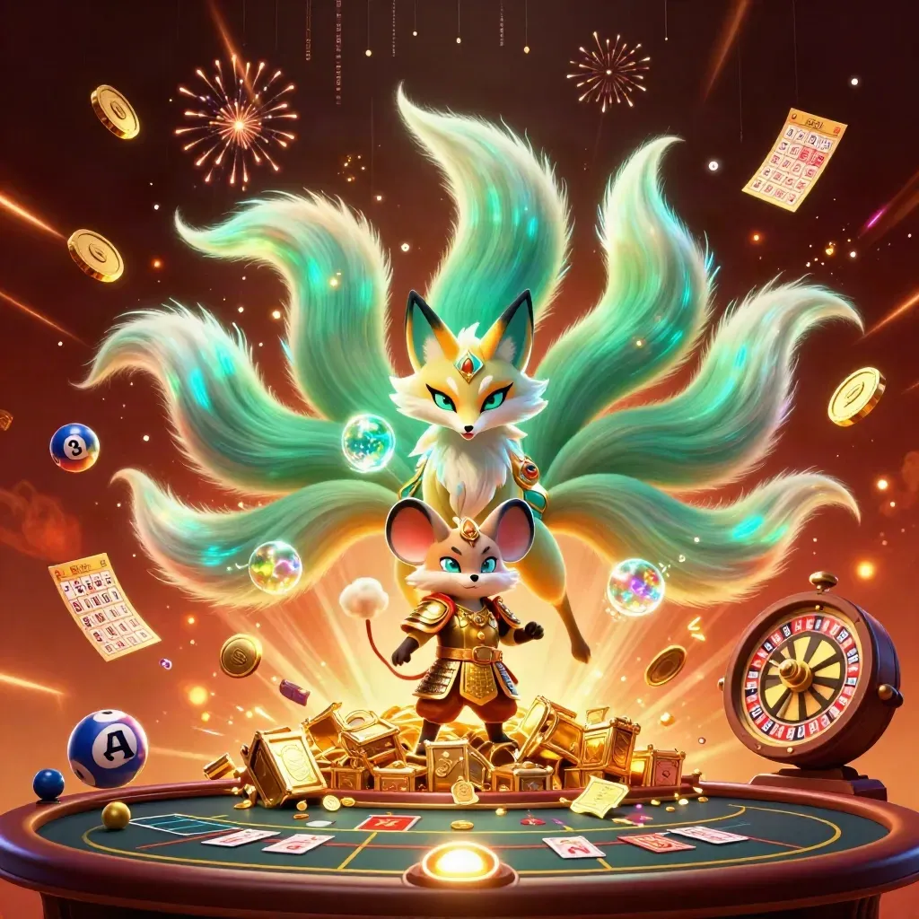 Neon fox spirit and gold-armored mouse amid casino bonuses, coins, fireworks, and glowing tables.