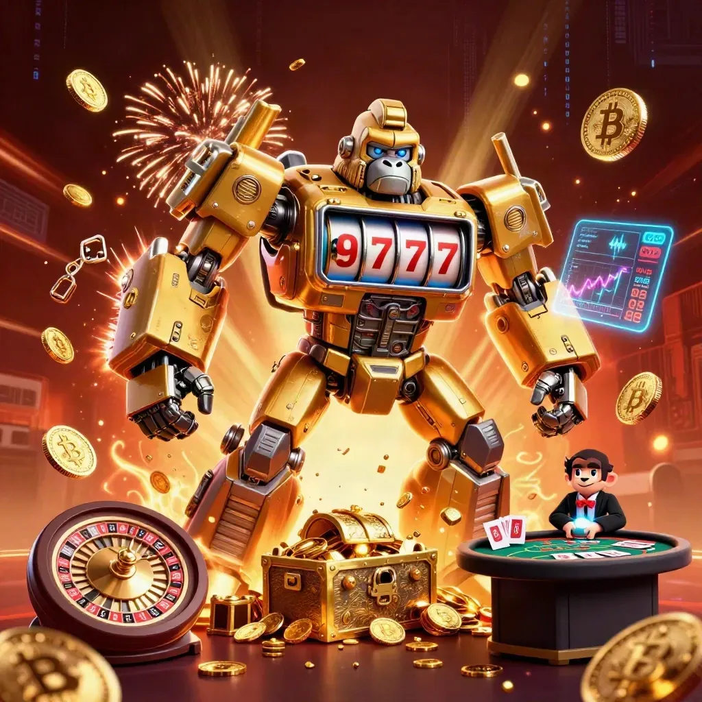 Golden gorilla mech with monkey pilot, coins, lightning, roulette wheel, and glowing casino loot.