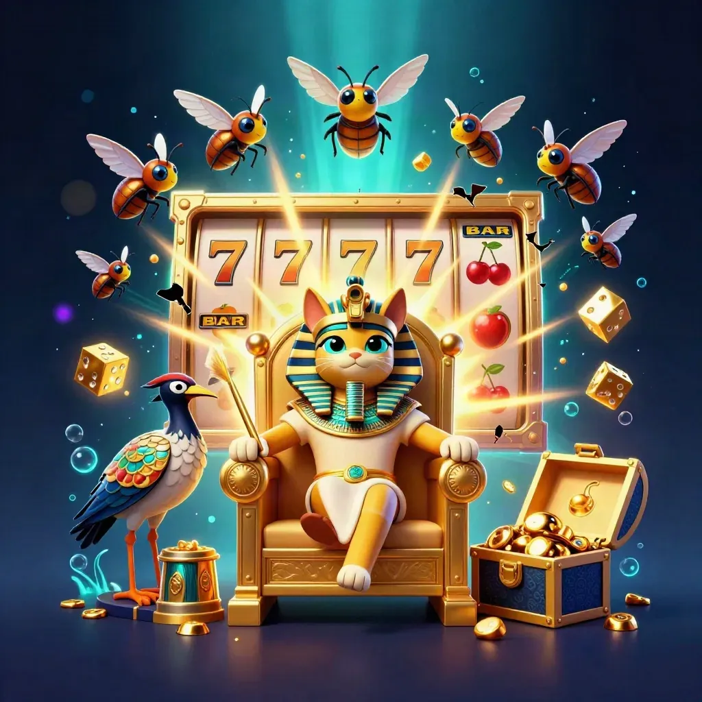 Pharaoh cat, ibis, and scarabs burst from a slot machine amid gold and neon light.