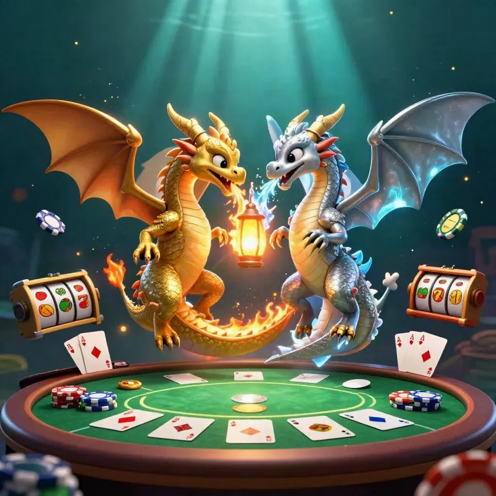 Gold and silver dragons spiral in yin-yang fire and ice above casino chips, cards, and slots.