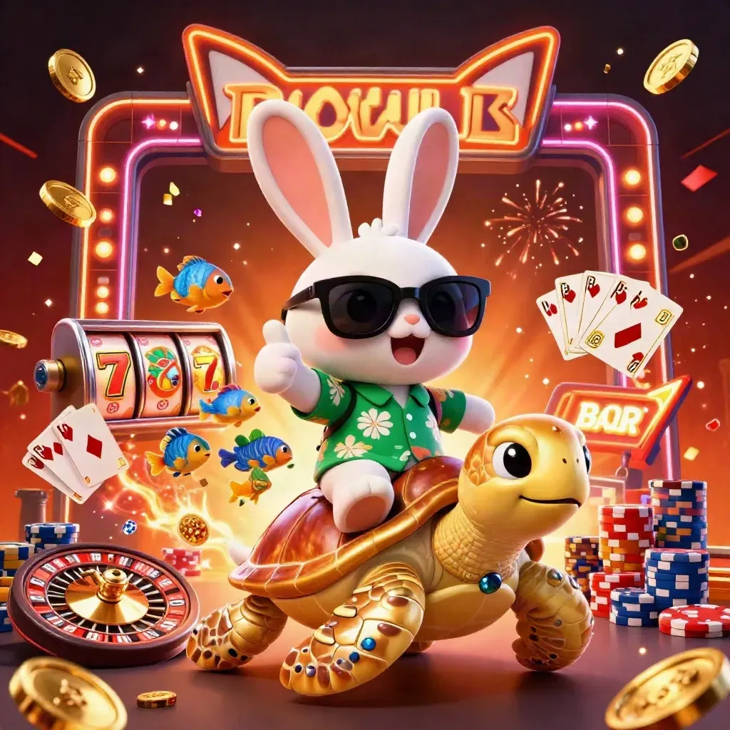 Rabbit on golden sea turtle amid coins, cards, chips, reels, and fireworks on a dark luxe casino background.