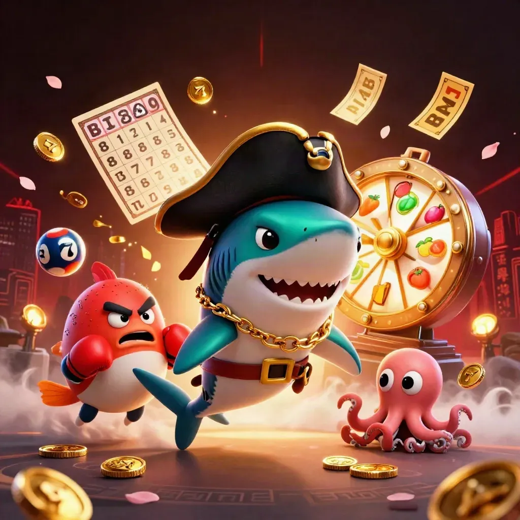 Pirate shark, boxing pufferfish, and coin-juggling octopus amid casino symbols and glowing effects