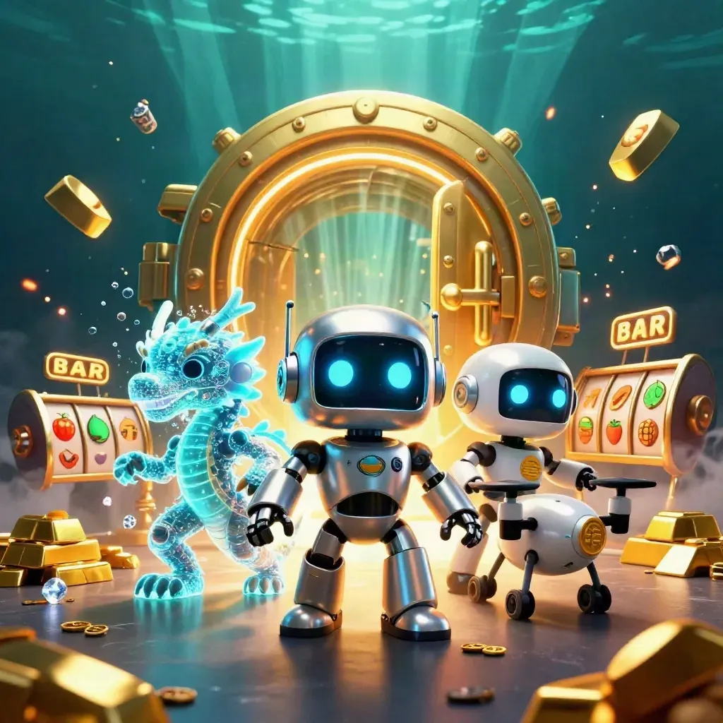Robot, hologram dragon, and coin drone burst from a gold vault with casino reels and gems.