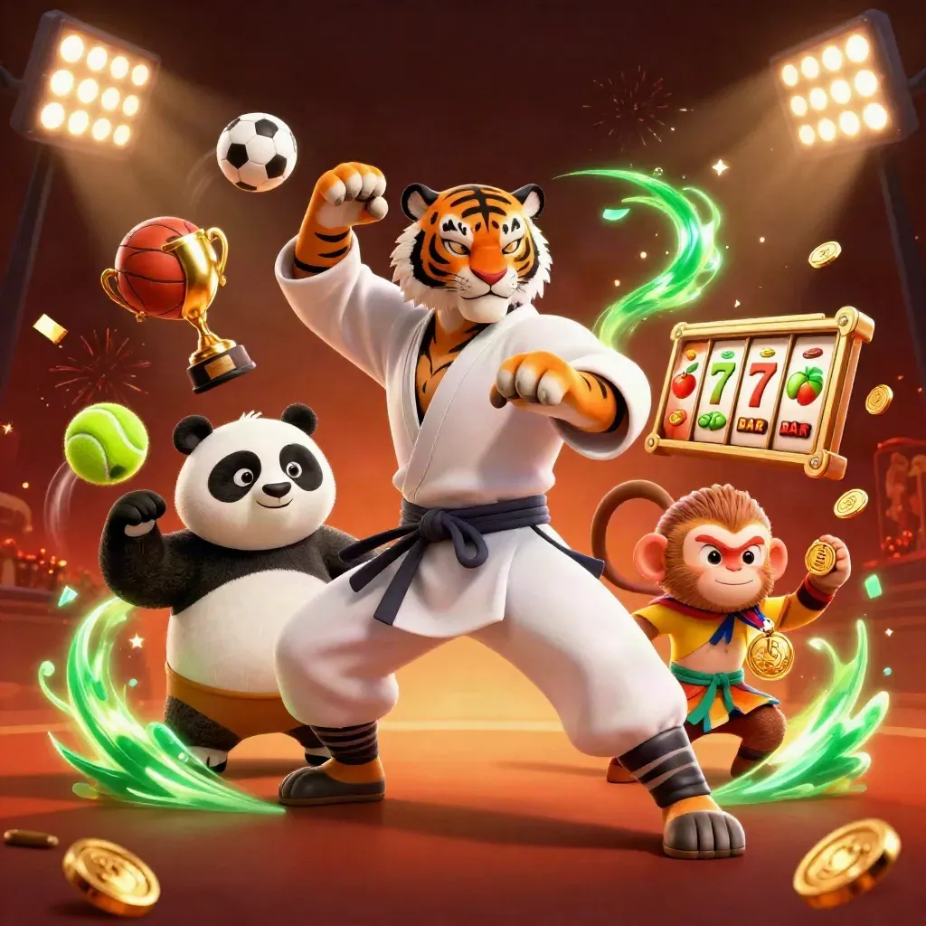 Kung-fu tiger, panda, and monkey amid casino sports chaos and gold coins.